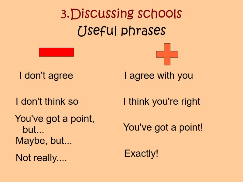 3.Discussing schools Useful phrases I don't agree I don't think so Not really.... Maybe,